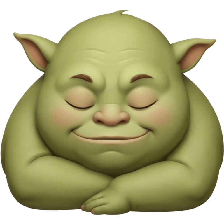 Meme-Worthy Cute Sleeping Ogre Portrait Emoji, with a surprisingly endearing, plump figure in soft earthy greens and browns, head drooping gently with closed, relaxed eyes and a content, sleepy grin, simplified yet adorably detailed, glowing with a soft warm outline that captures the peaceful slumber of a friendly ogre after a day of gentle mischief! emoji