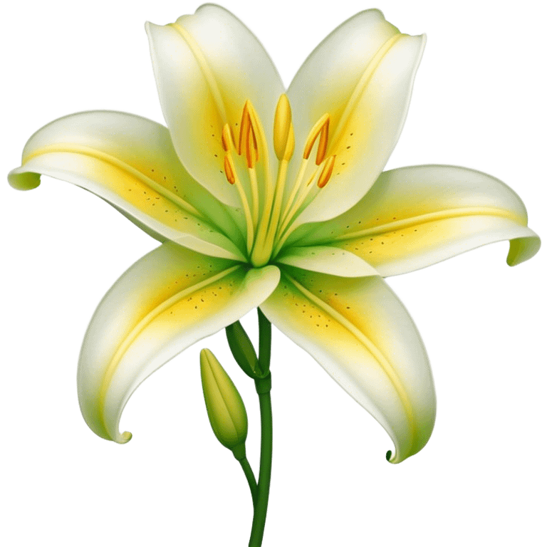 Cinematic Realistic Lily Emoji, Elegant and fragrant, with soft, white petals curling delicately around a golden-yellow stamen at its center. The long, slender green stem stands tall, supporting the vibrant bloom with its slightly curled tips. Soft glowing outline, capturing the essence of purity, elegance, and grace in a striking lily. emoji