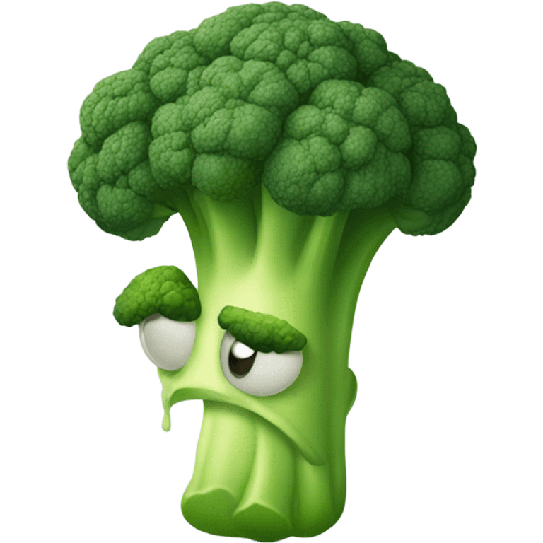 A sad broccoli with downcast eyes and a trembling lip looks upset, as if saying goodbye. Emoji style, simple and friendly, with soft outlines and bright colors. emoji