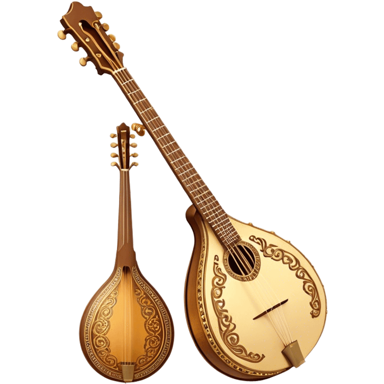 Bouzouki – Cinematic Realistic Bouzouki, depicted as a beautifully crafted Greek string instrument with a long neck and ornate fretwork, its polished wooden body reflecting warm golden light, set on a rustic background with soft shadows that evoke traditional Mediterranean music. emoji