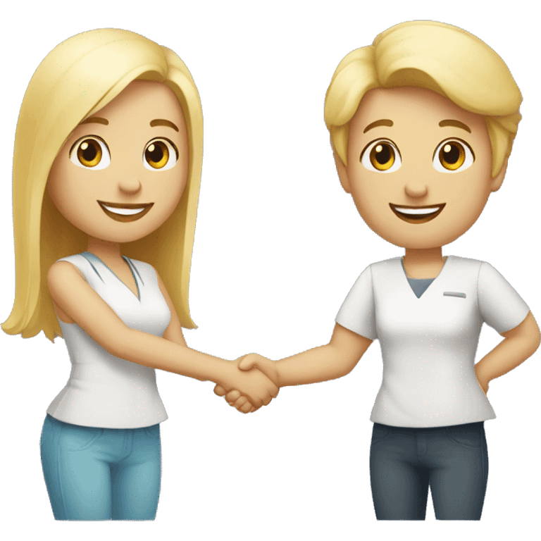 adult restaurant owner with white skin and blogger with white skin and blonde hair shaking hands in full height emoji