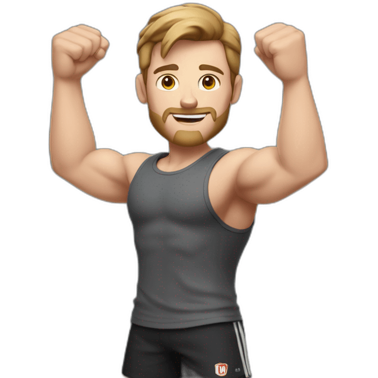 Close up Actively gesturing  with hands Pale skinned Fit Man With the biceps and brown hair in dark gray Sleeveless Mike, black oversize sports shorts, watch and white Sneakers emoji