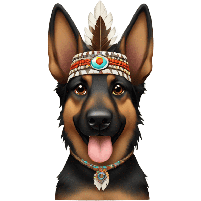 Black and brown German shepherd with Indian chief headdress emoji