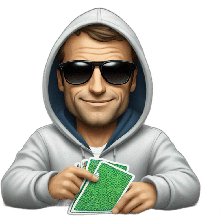 Emmanuel Macron with a hoodie and sunglasses playing poker emoji