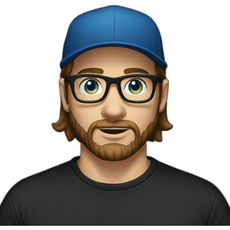 guy with straight long brown hair and blue eyes and transparent glasses and with beard and wears black tshirt and wears black cap emoji