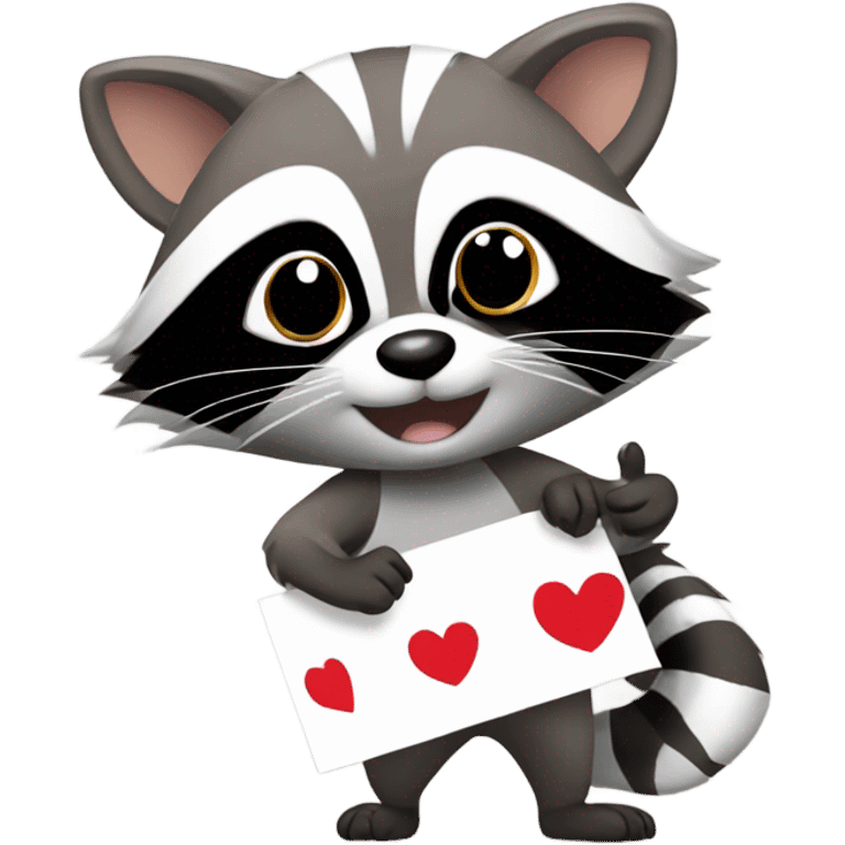 A raccoon with a sign on its paws that says "I love you".  emoji