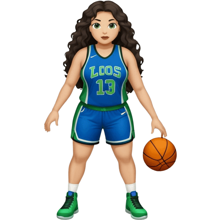 Full Body light skin Latino plus size full figured women basketball player with long wavy dark hair  full face  wearing blue and green uniform emoji