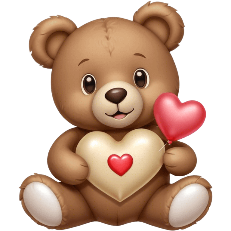 Adorable Plush brown teddy bear holding an inflatable metallic beige heart-shaped balloon in his paw and love letter of the pearl color emoji