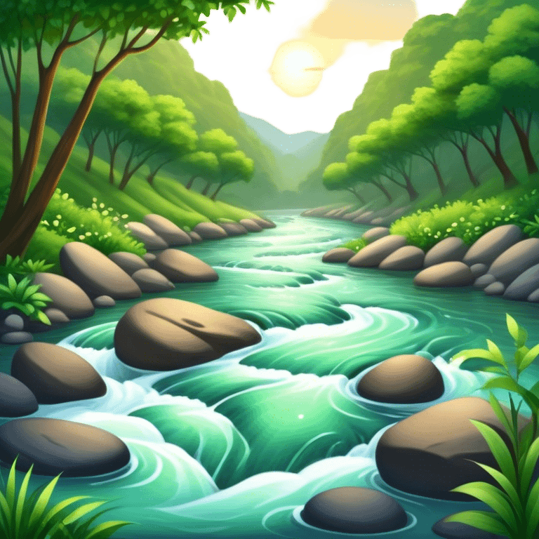 Cinematic Realistic River Emoji, Serene and flowing, with sparkling water meandering through lush greenery, surrounded by trees and rocks. The sun dances across the rippling surface, creating glimmering reflections while birds fly overhead. Soft glowing outline, capturing the essence of peacefulness and tranquility in a meandering river. emoji