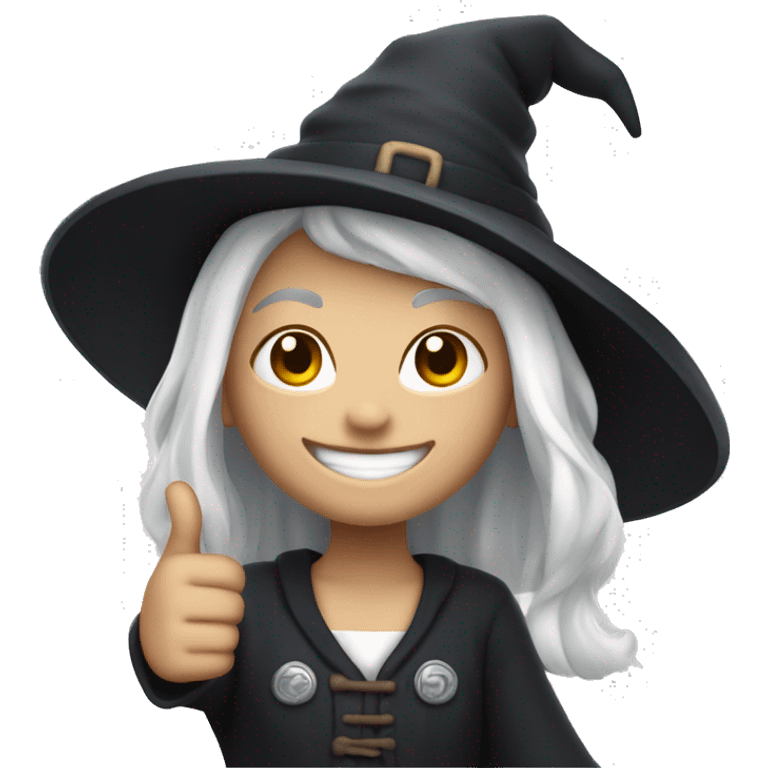 Young witch with white hair, white skin and cap, thumbs up   emoji