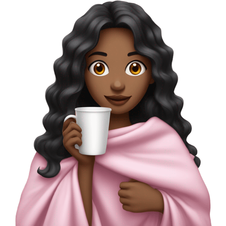 A beautiful and also cute woman with wavy black hair and blue eyes, we can see her white top under the pink blanket on her shoulders she is holding a cup off coffe with her both hands emoji