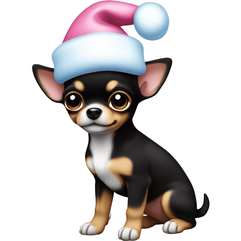 black & tan chihuahua puppy full body light blue eyes pink christmas hat on emoji