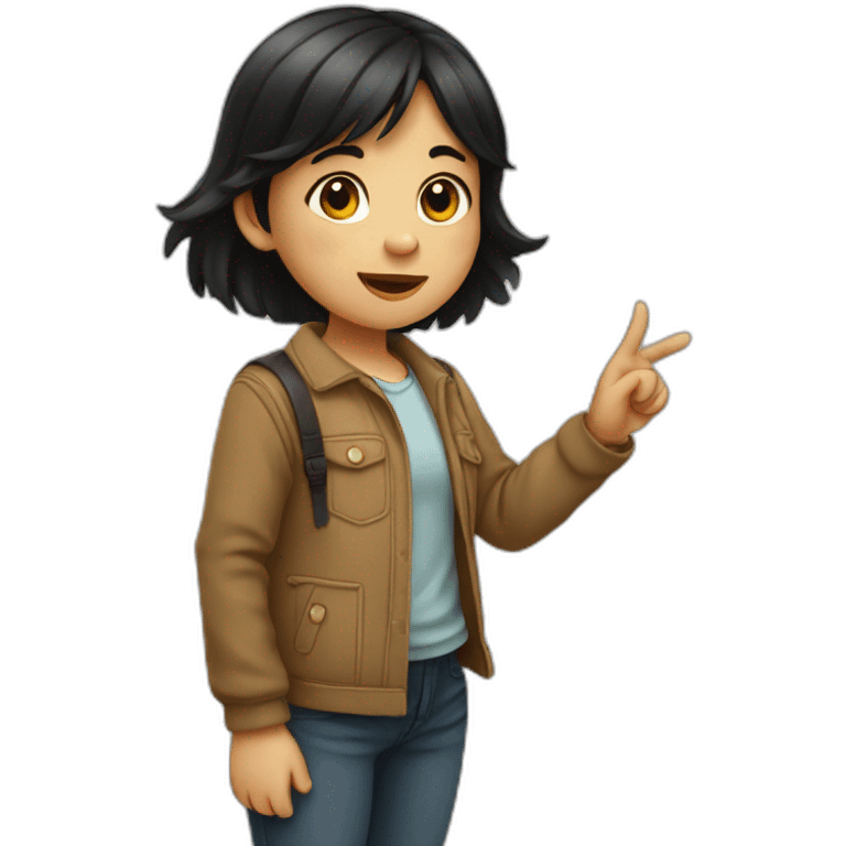 small girl with dark hair pointing her finger up from behind emoji