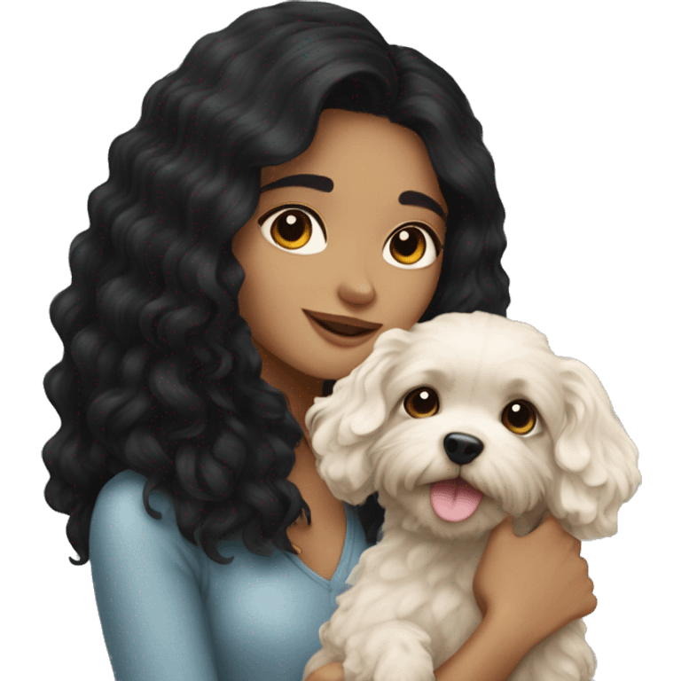 A beautiful girl with black hair carrying a cavoodle emoji