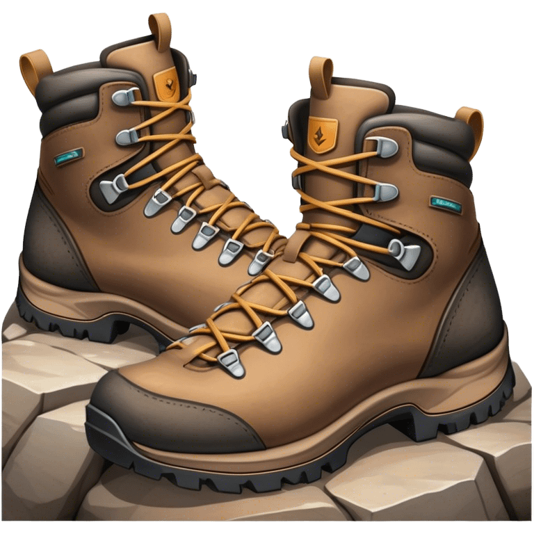 Cinematic Realistic Hiking Boots, well-worn leather boots resting on a rocky trail, scuffed edges and dirt-speckled laces adding character, glowing softly under the dappled sunlight filtering through the trees. emoji