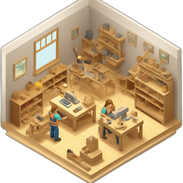 isometric square transparent solid outline border containing indoor woodshop people actively working bright neutral colors emoji