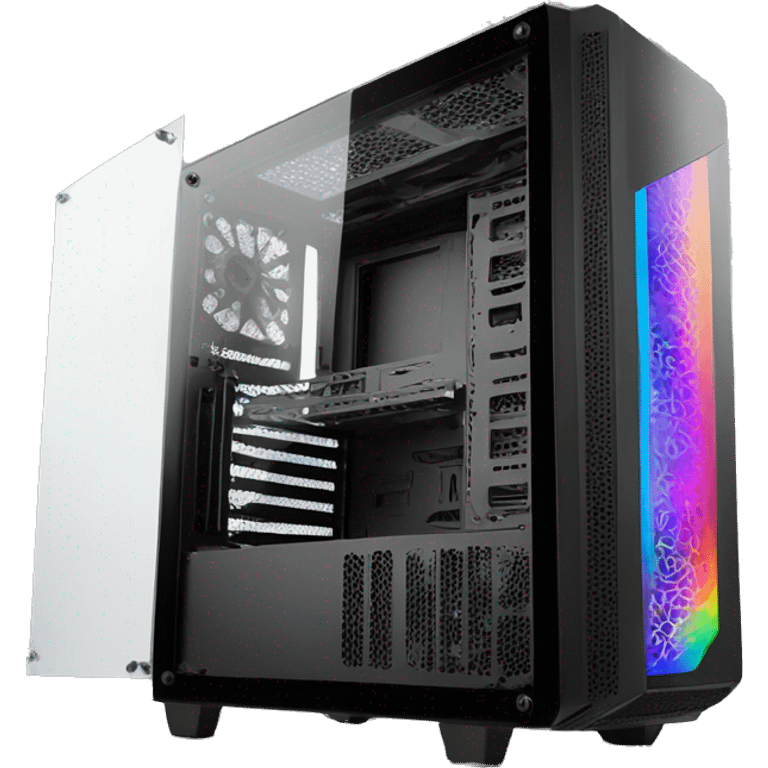 Black gaming PC RGB mid-tower case with glass side panel emoji