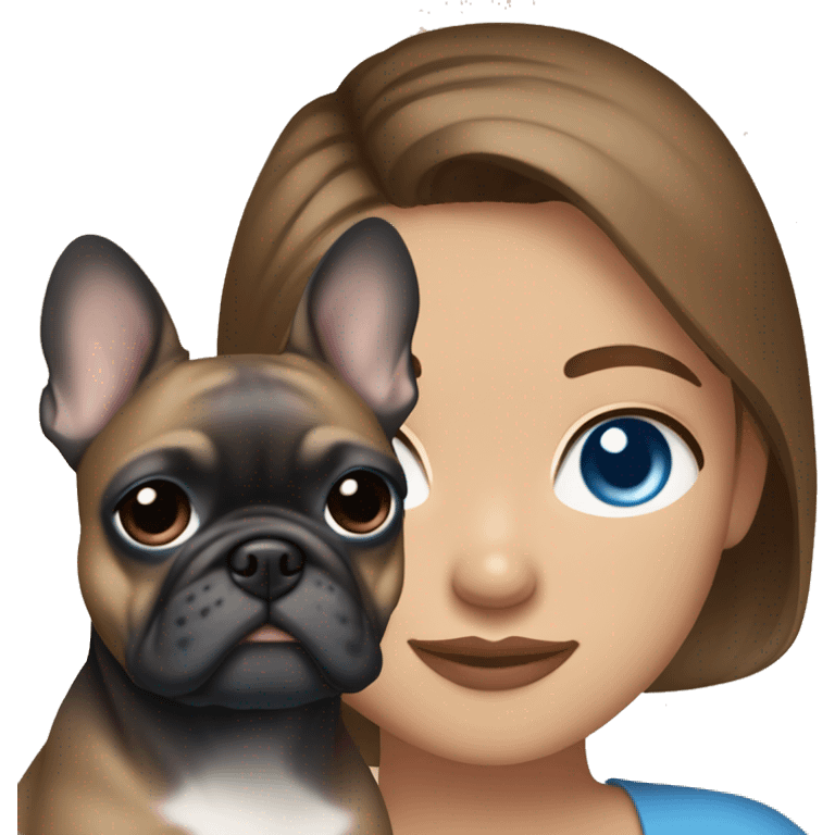 Brown hair light skin blue eyes yes woman with a blue and tan frenchie on her arm emoji