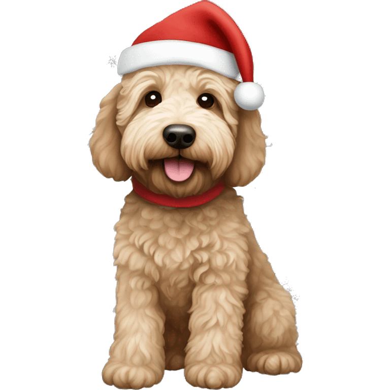 Australian Labradoodle wearing a Christmas sweat sweater and Santa hat emoji