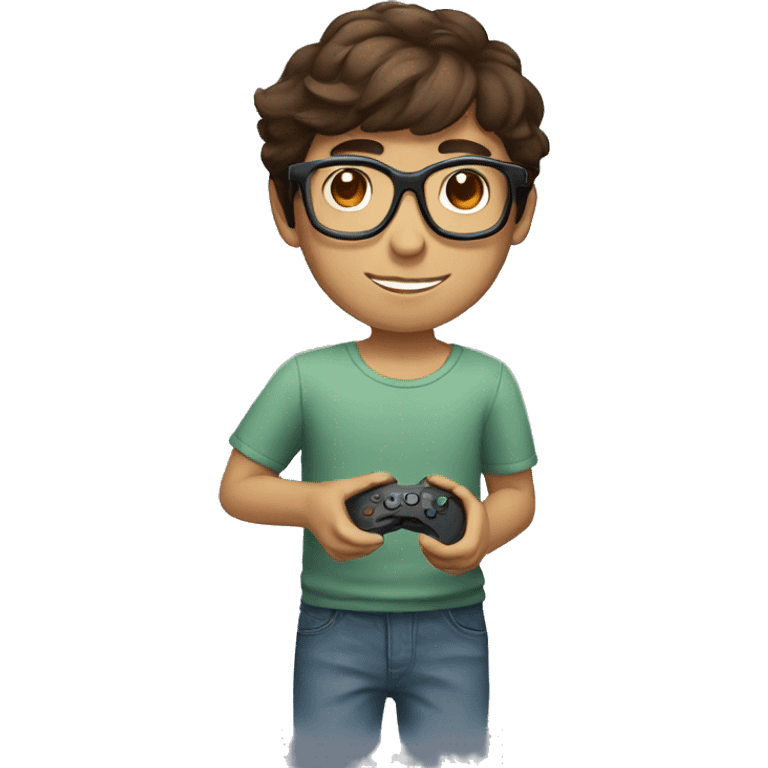 light Hispanic boy with brown hair and glasses holding a gaming remote emoji