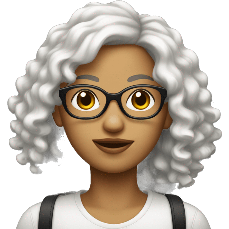 Une fille blanche avec les cheveux noirs bouclés et des lunettes emoji