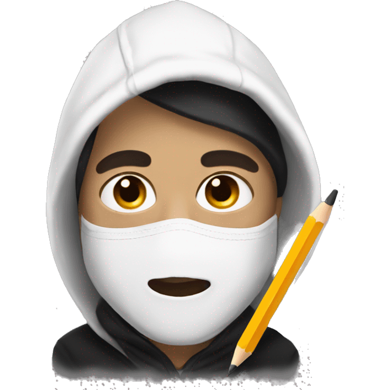 Male artist wearing white drama mask and black hoodie holding pencil emoji