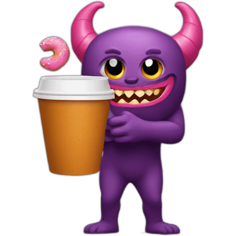 a demon holding a dunkin donuts coffee cup emoji