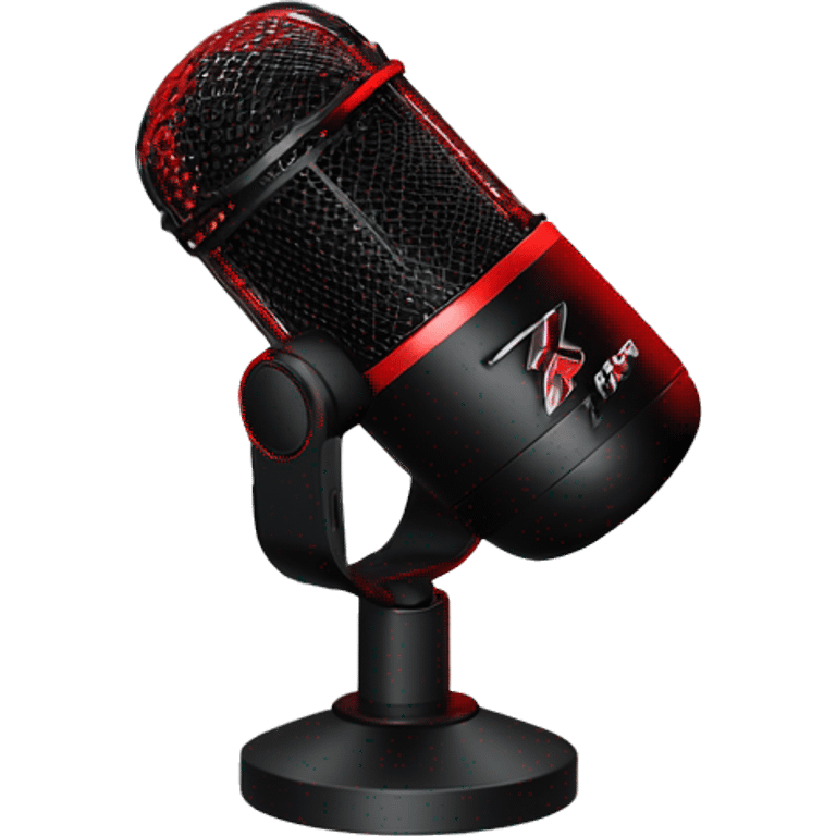 Create an emoji of the HyperX QuadCast microphone with its red LED grille, black body, and cylindrical shape, including a compact stand with a shock mount. emoji