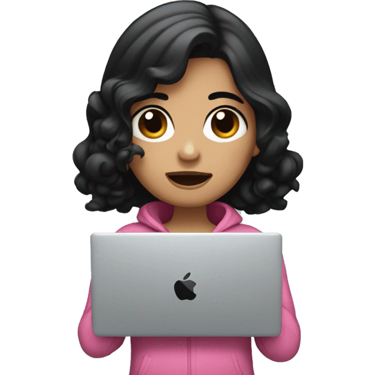 A girl wearing pink with black hair crying while holding a mac book air emoji