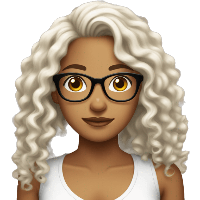 a girl, tan skin and long curly hair, pretty, with glasses and with a white tube top emoji