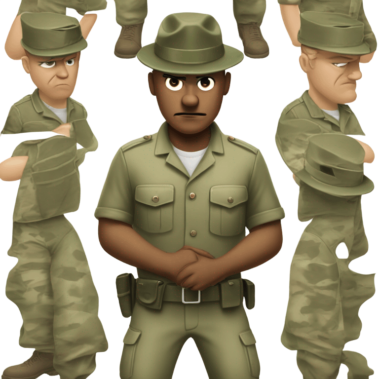 drill sergeant character wearing a classic sergeant hat and a camouflage army shirt. The character should have an angry intense expression. full torso emoji