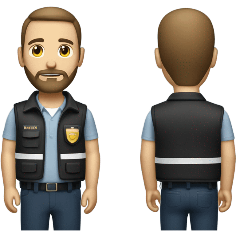 Security Guard, with beard Brown hair, combover, golden coloured skin, NO HAT with security vest on emoji