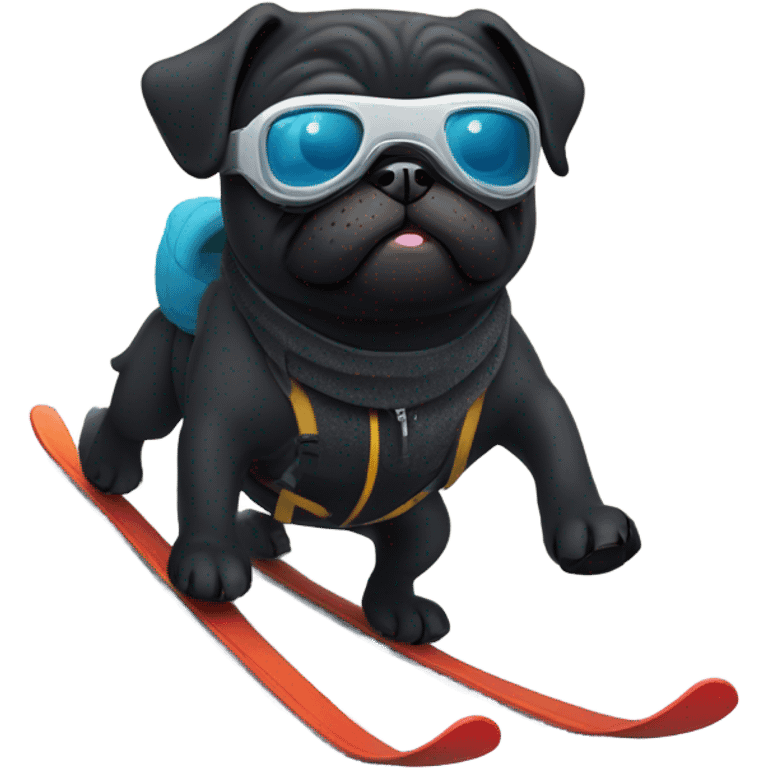 Black pug with a curly tail and goggles skiing on a snowy mountain emoji