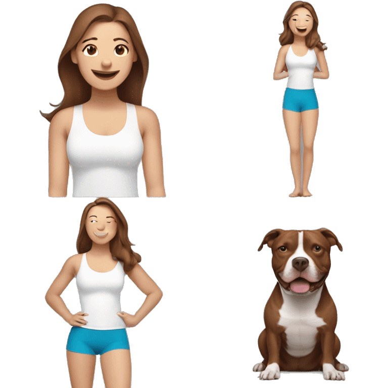 white woman with long brown hair expressing joy dressed in a yoga outfit alongside a pitbull dog emoji