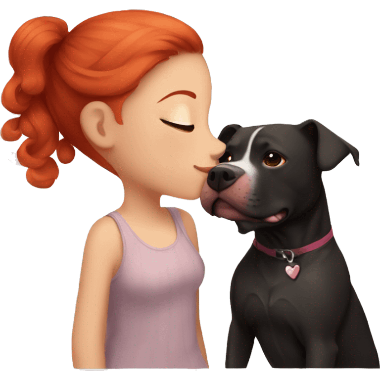 Girl with red hair kissing big black pitbull dog, pink hearts emoji