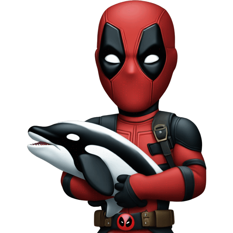 Deadpool holding a baby orca emoji