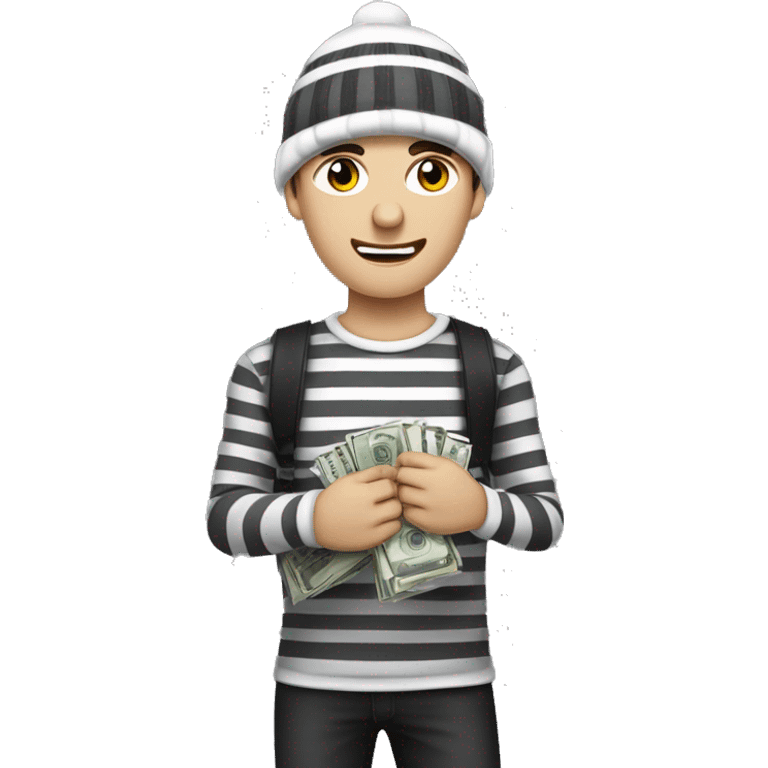 guy with white skin, mild stubble, dark grey beanie, black eye mask, black-and-white striped full sleeve and holding money bag on his left shoulder emoji