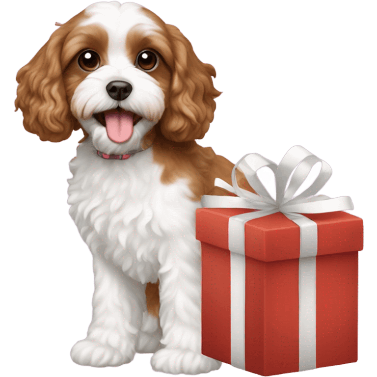 Brown and white cavapoo and gift box emoji