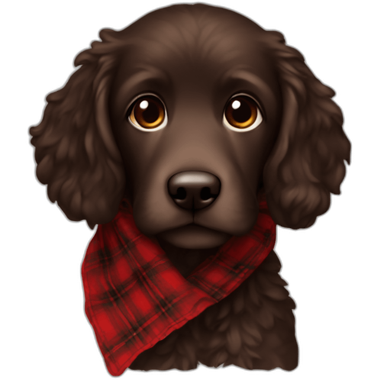 Dark chocolate colored doodle wearing a red and black flannel handkerchief emoji