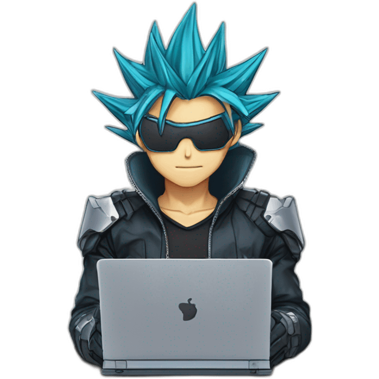 developer behind his laptop with this style : yu-gi-oh manga anime with nanosuit hacker themed character emoji