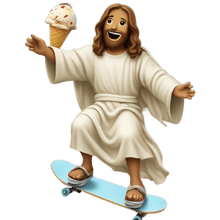 Jesus skateboarding while eating ice cream in outer space emoji