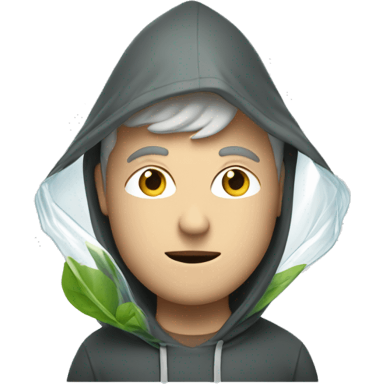 Quiet white man with hood up holding a clear plastic bag with green leaves inside emoji