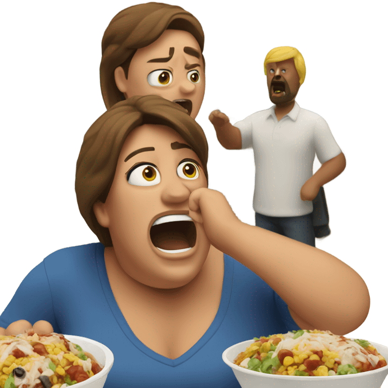 A large, upset woman with a burrito bowl throws it at a large man emoji