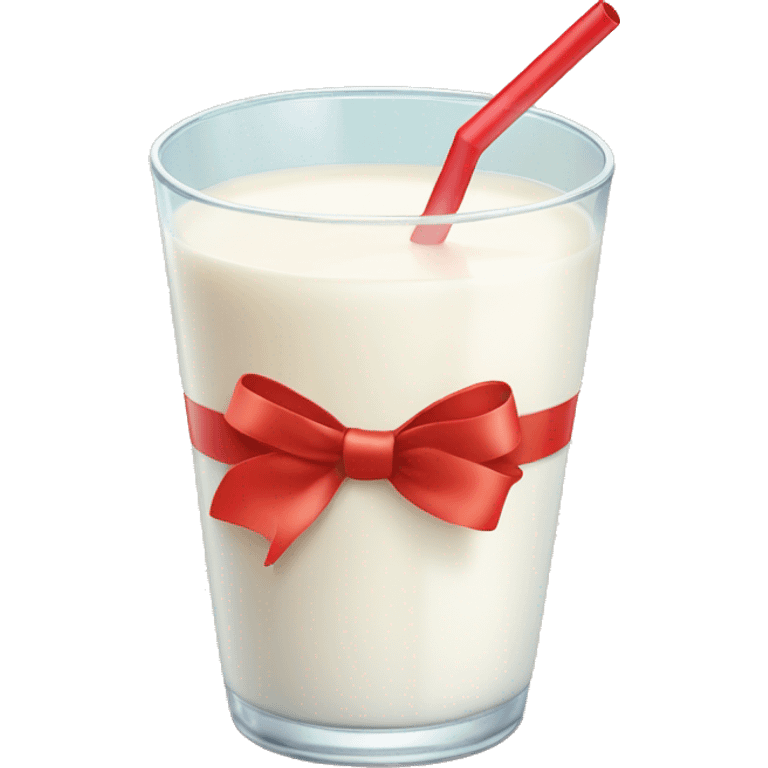 Glass of milk with a straw and a red bow on the straw emoji