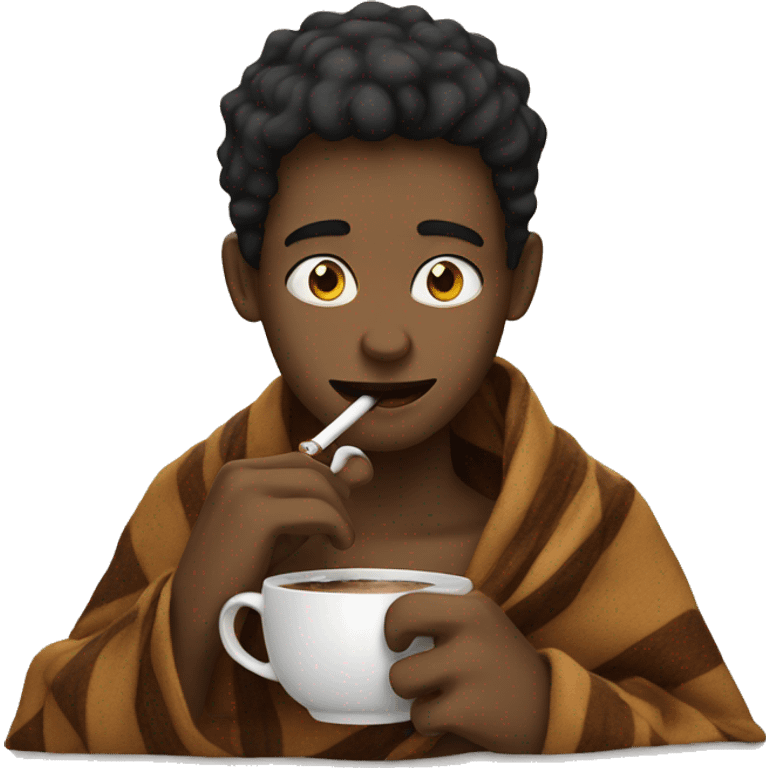 Boy inside a blanket sipping coffee while smoking emoji