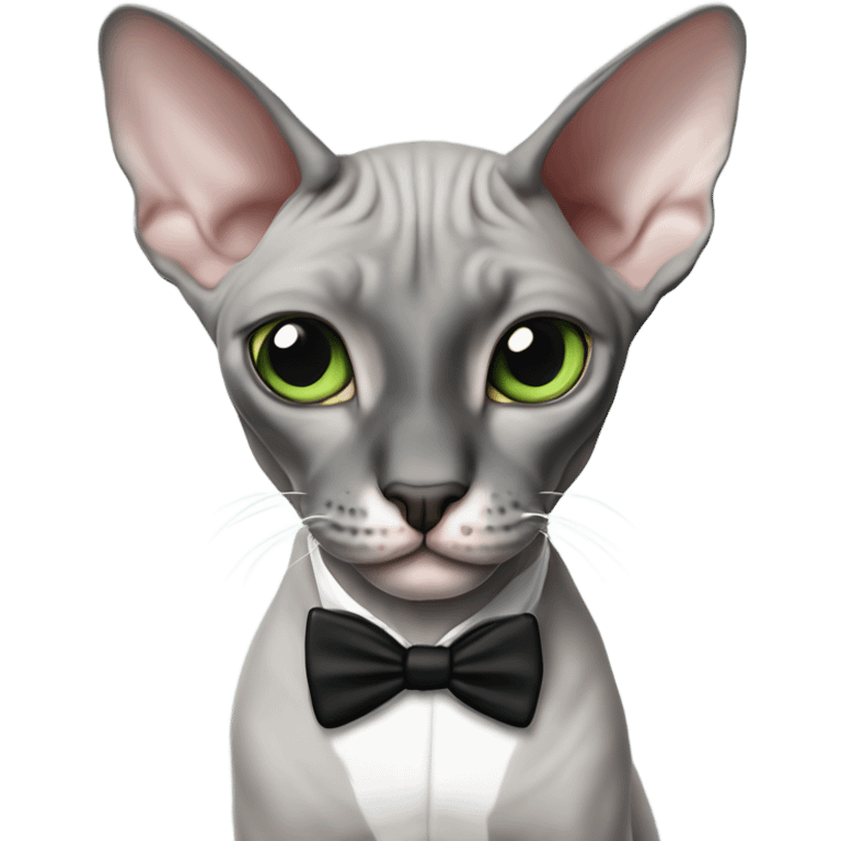 gray sphynx cat with tuxedo markings a black nose and green eyes emoji