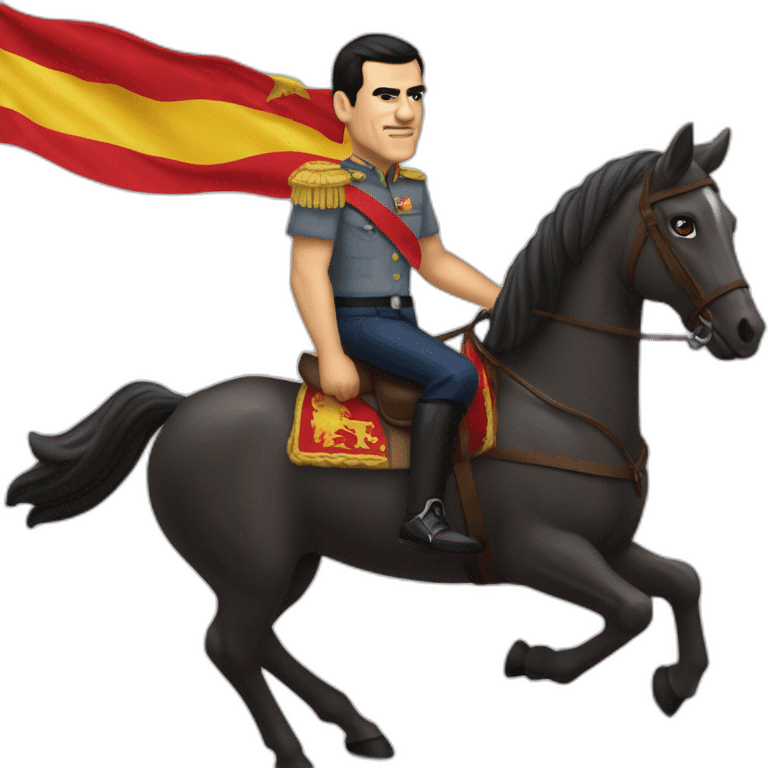 Pedro Sánchez subido a caballo envuelto en la bandera de España emoji