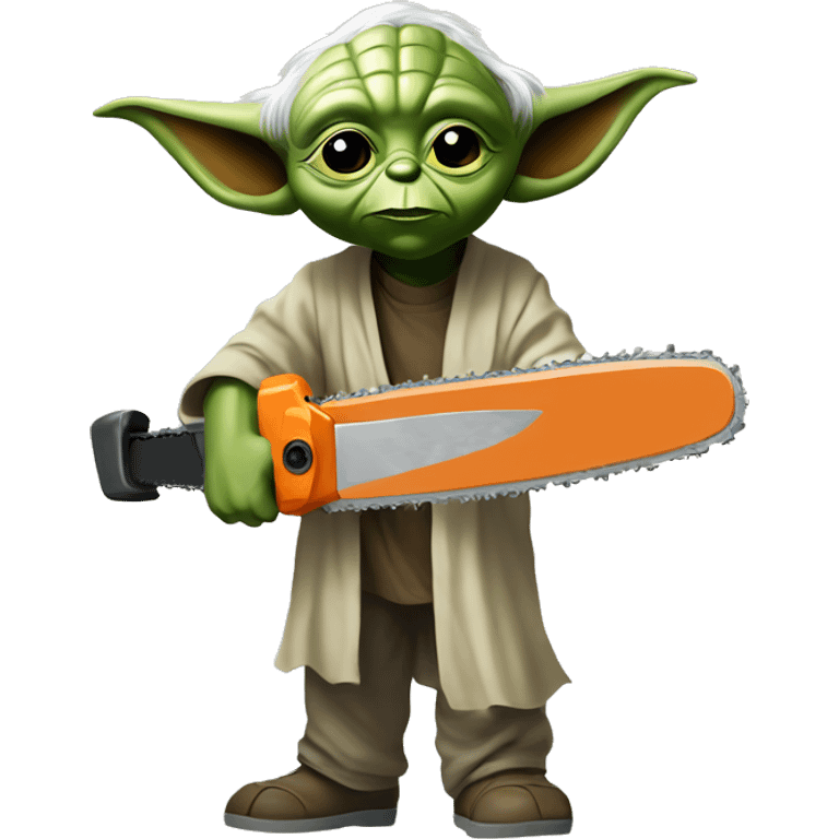 Yoda’s kid saws with a chainsaw. In a painted style emoji