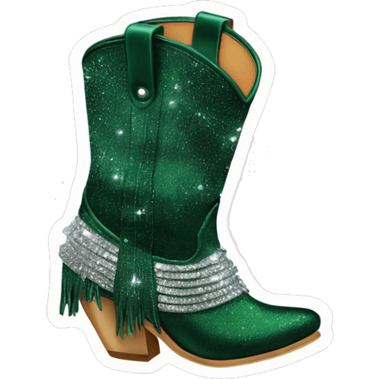 Realistic dark green fashion cowgirl boots with sparkly shiny glitter fringe on them. emoji