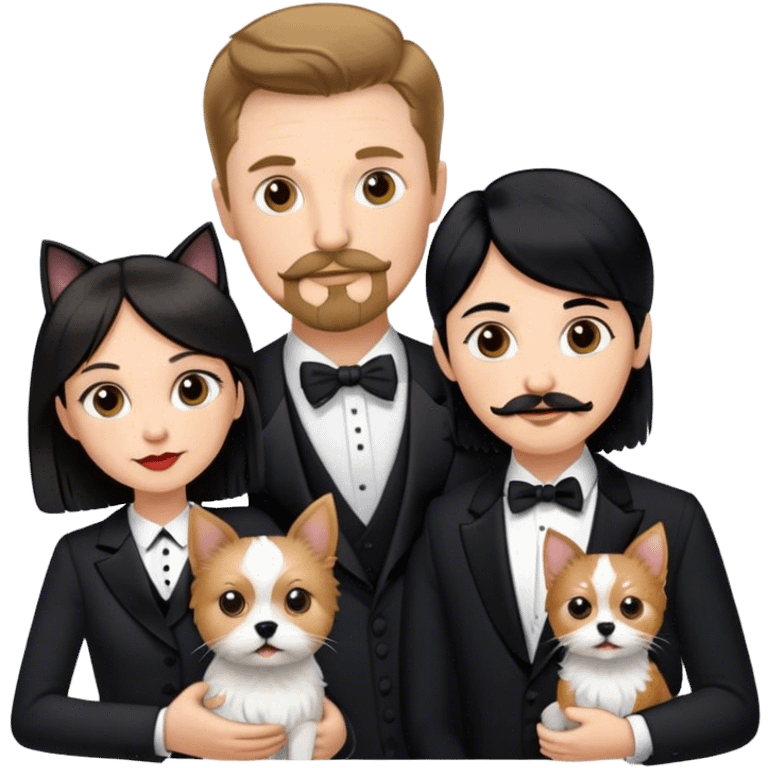 Couple, Tall white man with short brown hair mustache and goatee, small pale woman long with black hair, yorkshire terrier and tuxedo cat emoji